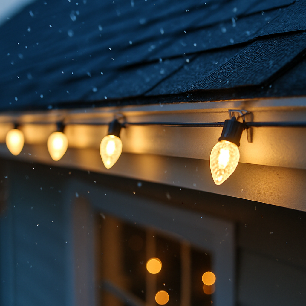 Holiday lights outlining a home's roofline