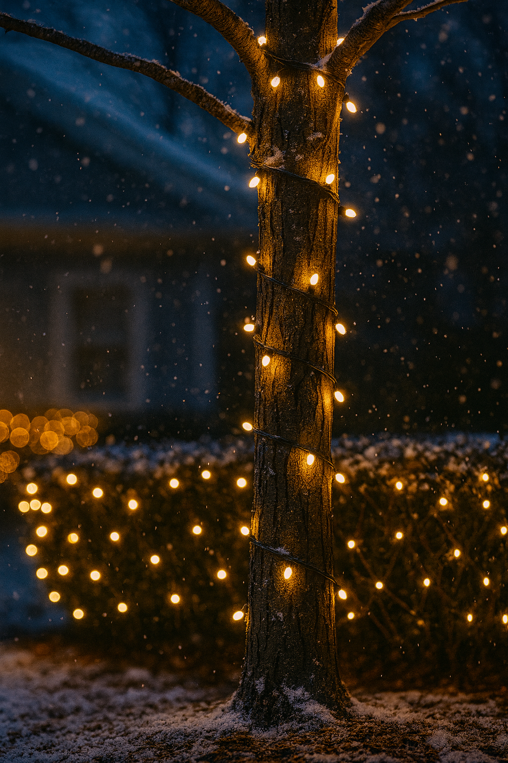 Trees and shrubs wrapped with holiday lights